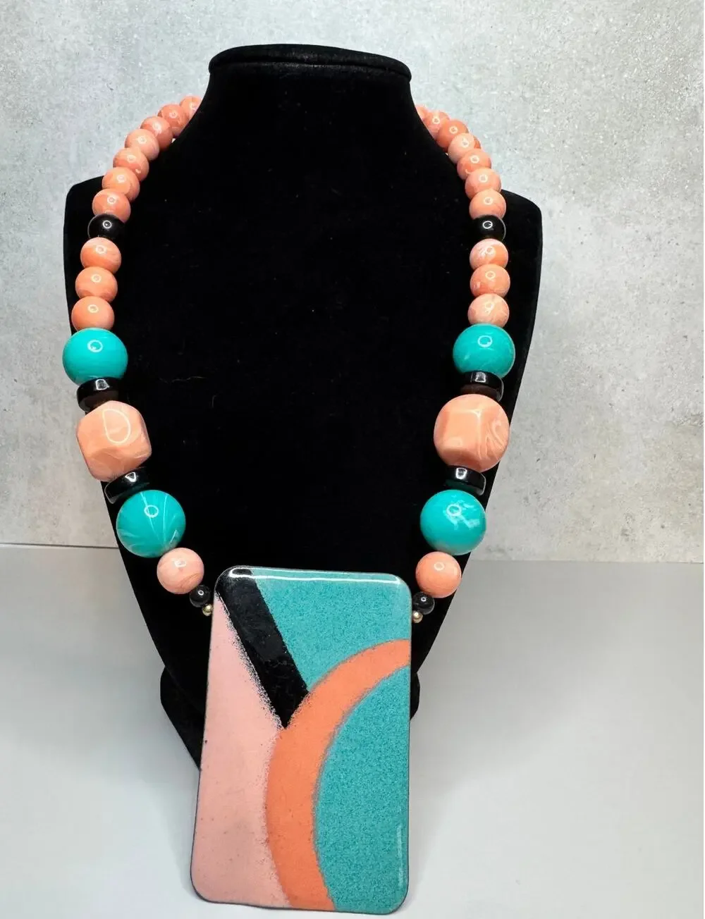 Retro 70s Statement Necklace Large Geometric Enameled Pendant